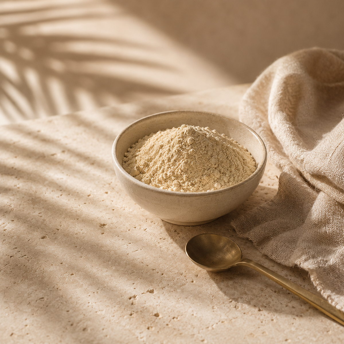 Fine-milled Chittera cricket protein powder in a ceramic bowl with a wooden spoon
