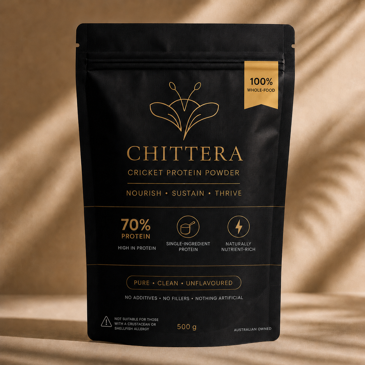 Front of the Chittera cricket protein powder pouch, showing 70% protein and the whole-food badge