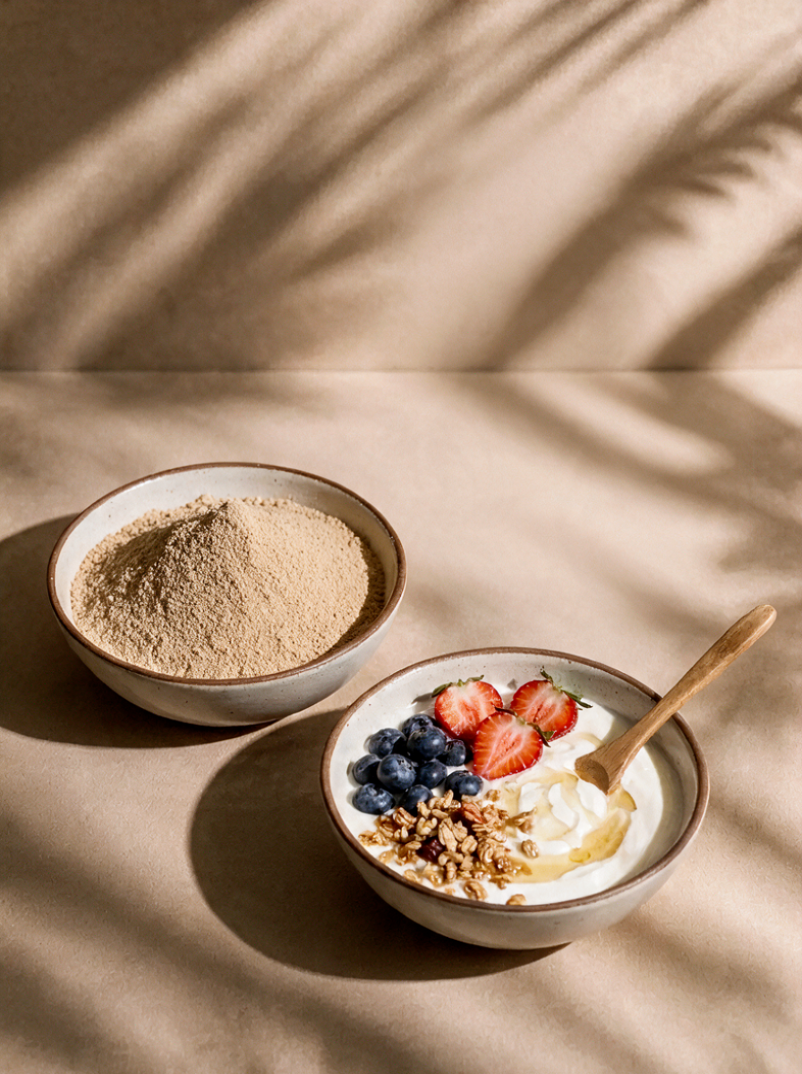 Fine-milled Chittera cricket protein powder in a ceramic bowl with a wooden spoon