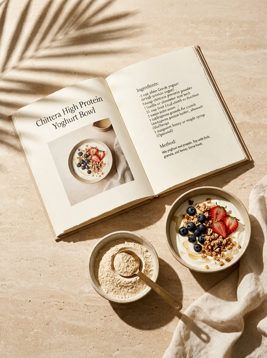 A bowl of Chittera protein powder beside a handwritten smoothie recipe card