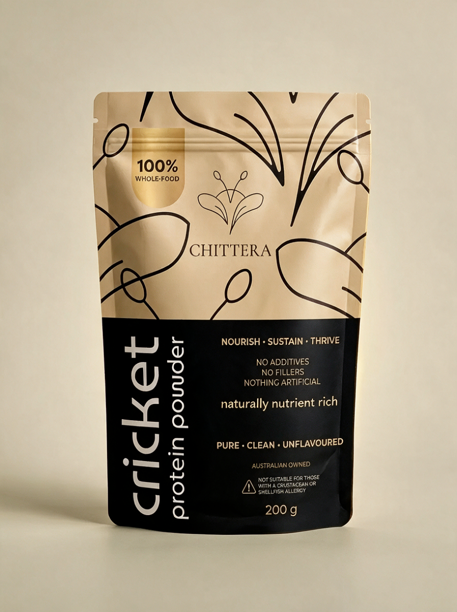Front of the Chittera cricket protein powder pouch, showing 70% protein and the whole-food badge